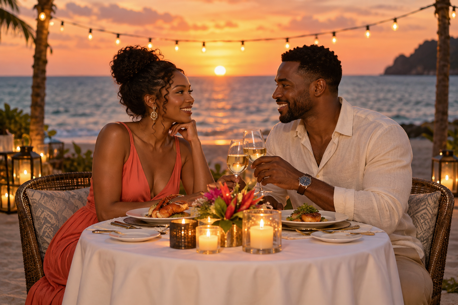 An African American couple sharing a candlelit dinner beside the ocean
